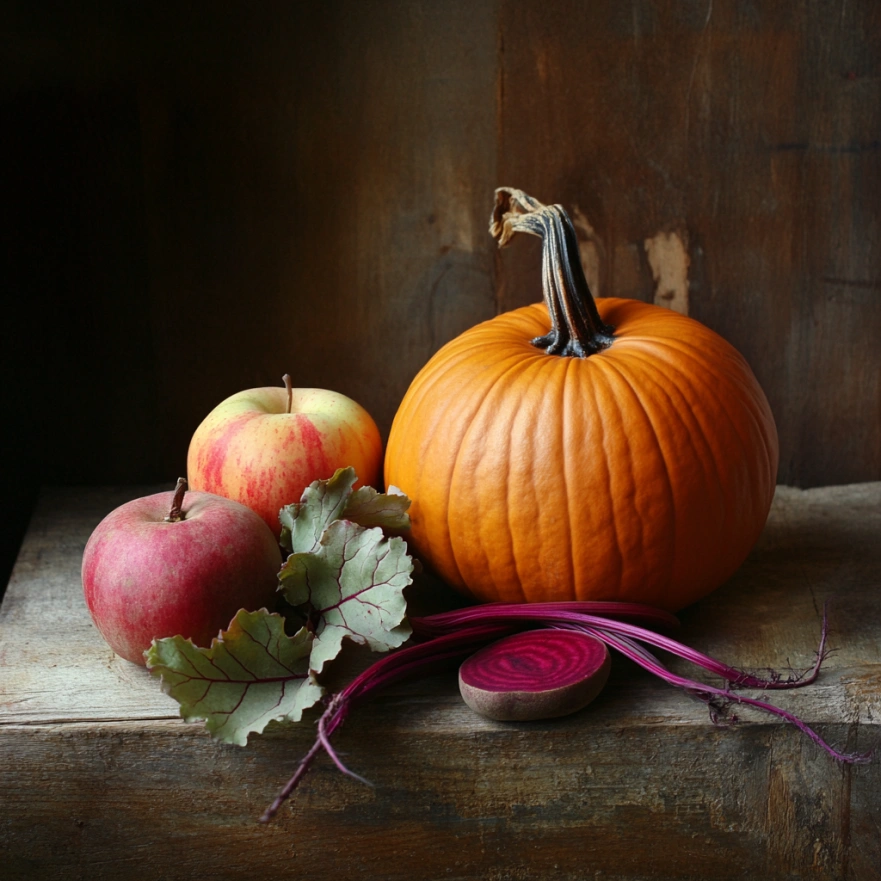 Осінні фрукти та овочі: гарбуз, буряк, яблука