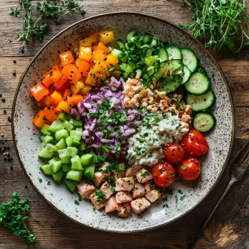 Здорова тарілка з різноманітними корисними продуктами для людей похилого віку