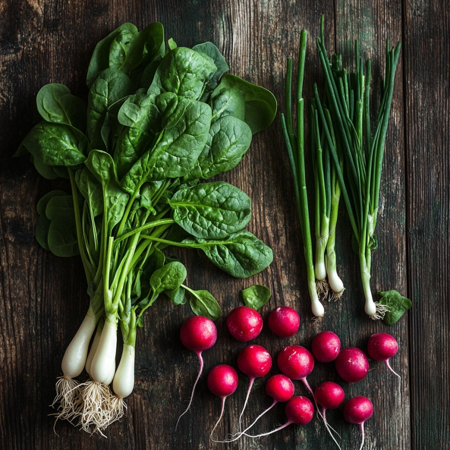 Весняні овочі: редиска, шпинат, зелена цибуля