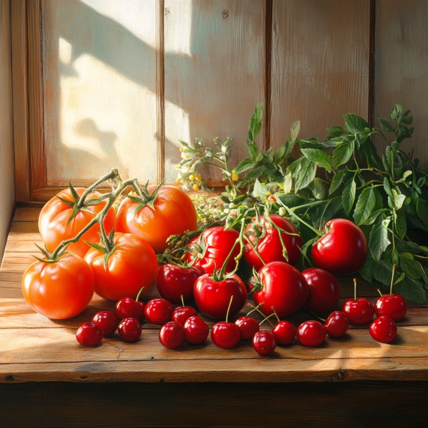 Літні фрукти та овочі: помідори, персики, черешня